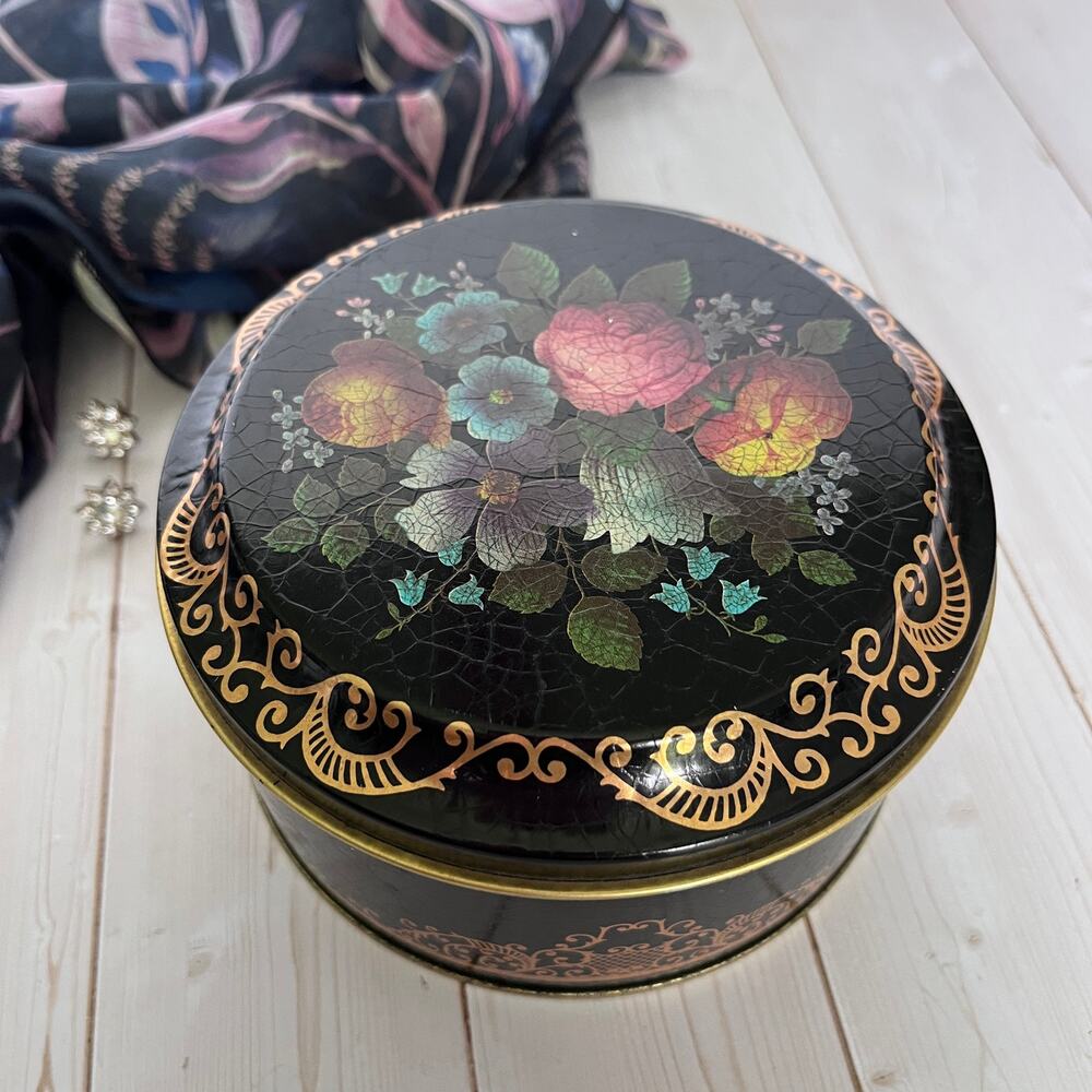 Vintage Lithograph Toleware Tin Faux Crackle Finish Floral Bouquet Gold Scrolls